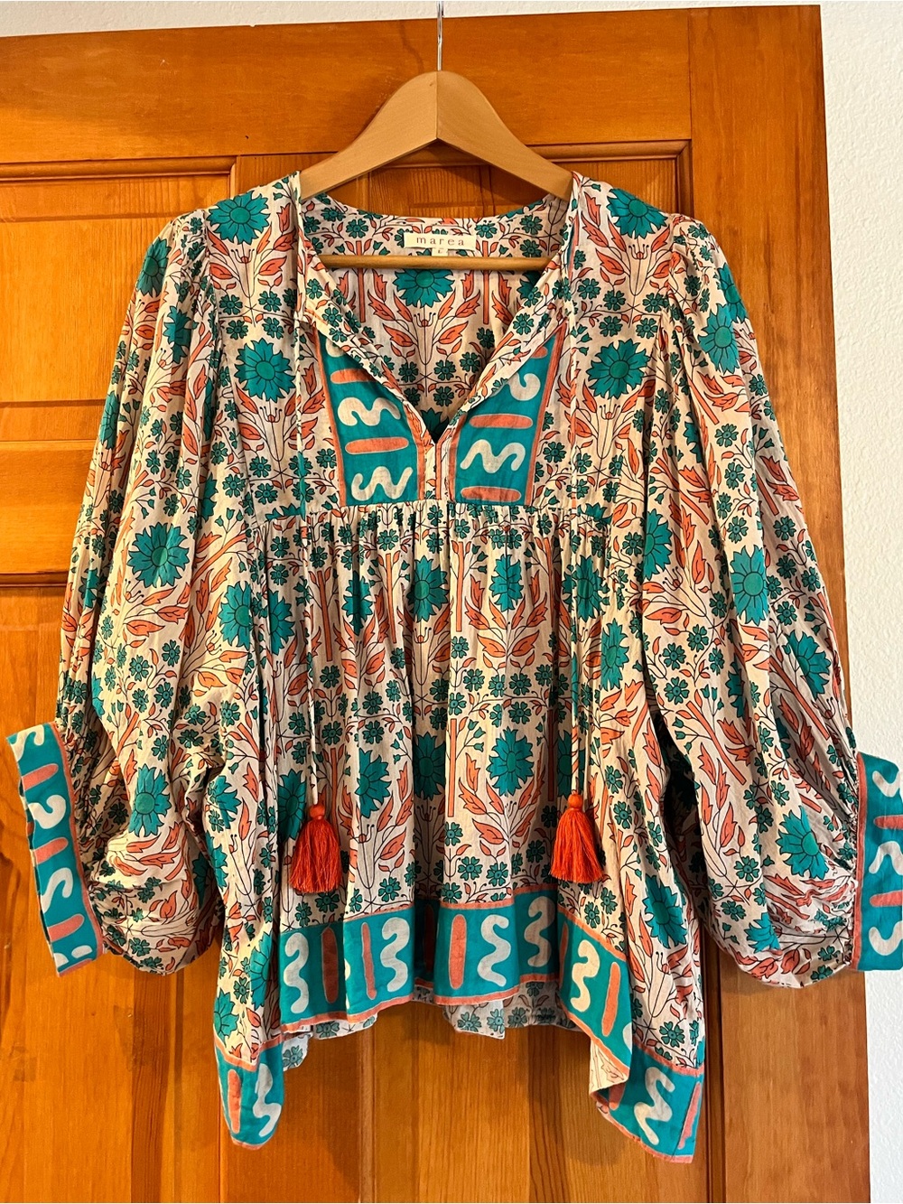 Marea 100% Cotton Boho Floral Peasant Blouse in Teal and Coral NWOT Sz L